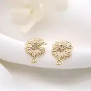 2Pairs 18K Gold Plated Stud Earrings Connector, Cubic Zirconia Micro Pave Daisy