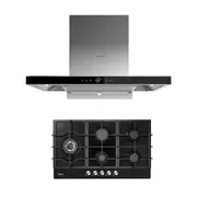 Midea 90cm Black Canopy Rangehood Gesture Control+Midea 90cm Gas Glass Cooktop with 5 Burners Black