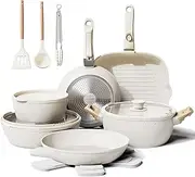 Bazova 19 Pcs Pots and Pans Set Non Stick Ceramic Cookware Set with Removable Handles, Non Toxic Induction Kitchen Cookware Sets RV Cookware,Dishwasher/Oven Safe PFAS/PTFE/PFOA Free Cream White