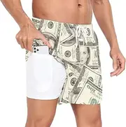[GuoChe] Men Swim Shorts Men's 2 in 1 Workout Running Shorts Dollar Faces Vintage with Phone Pocket Swimsuits Quick Dry