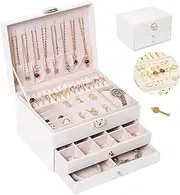 LELYFIT Jewelry Box, 3-Layer Large Jewelry Organizer for Women Removable Jewelery Tray, for Necklace Earrings Rings Bracelets Jewelry Boxes for Women Gift (White)