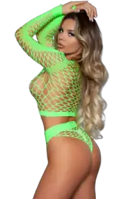 Set 2 Pieces Top and Thong IN Fishnet Lemon Green Sexy Lingerie for Women