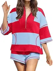 [Generic] Outdoor 2 Piece Workout Sets For Women 2025 Summer Going Out Striped Oversized Outfit Lounge Top And Shorts Sets With Pockets