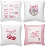 [OGILRE] Pink Coquette Preppy Trendy Aesthetic Cute Inspiring Room Decor Throw Pillow Cases, Throw Pillow Covers 18x18 Set of 4, Pink Bow Cherry Disco Ball Pillowcases for Teen Sofa Dorm Girls Bedroom