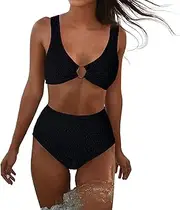 [VIARY] Women's Striped Printed Hollow High Cut Two-Piece Bikini Swimsuit