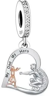 [Mon & Sons] My Hero Love Heart Dad Father Daughter Grandad Charm Bead Pendant 925 Sterling Silver Compatible With Pandora Charm Moments Bracelet