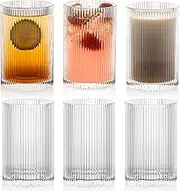 Drinking Glasses Set of 6 Vintage Whiskey Glasses 500ml Art Decor Ribbed Glassware Set Embossed Glass Tumblers Cocktail Glasses Water Glasses for Beer Juice Milk(8.3x8.3x13cm)