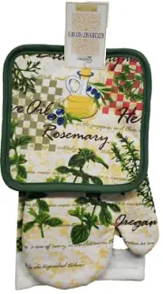 3pc Kitchen Set:1 Oven Mitt,1 Towel & 1 Potholder,ROSEMARY OIL BOTTLE & HERBS,CV