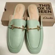 NWB CLARKS Womens Mint Green Leather Mules Slip On Shoes Size 9 1/2 M