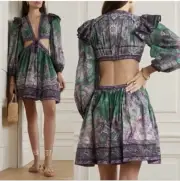Zimmermann Dress Size 0 AU 8/US 4 Anneke Ruffle Mini Teal Paisley Cut Out