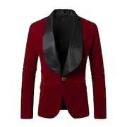 Men's Velvet Blazer Jacket Party Evening Wear Tuxedos Elegant Warm Fall Winter Solid Color Single Breasted One-button Blazer Burgundy