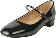 [Fashion Thirsty] Women Girls Low Block Heel Shoes Mary Jane Pumps Ladies Kids Formal Office School Smart Shoe Ankle Strap Closed Toe Wide Fit Fitting Shoe, Black Faux Patent, 6