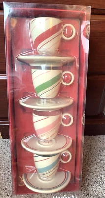 Starbucks 2007 Holiday Candy Stripe Demitasse Espresso Cups & Saucers-New In Box