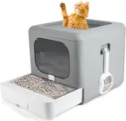 Large Cat Litter Box Foldable with Lid, Plastic Scoop, Drawer Top Entry, Anti-Splash, Leak Proof Kitty Toilet (Grey)