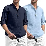[Zombom] Kurta Mens Plain Cotton Blend Full Sleeve Straight Shirt 2 Pack
