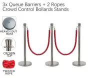 3x Queue Barriers + 2 Twisted Ropes Crowd Control Bollards(SILVER POLE+RED ROPE)