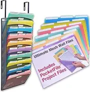 Ultimate Office Mesh Wall File Organizer, 10 Tier Cubicle Partition Hanging File Sorter Multipurpose Display Rack. INCLUDES 18, 3rd Cut PocketFile Clear Document Folder Project Pockets (Black)