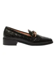 [Jane Debster] Dalton Flat Leather Loafers in Black Croc Print