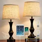 Touch Table Lamps Set of 2, 22" Tall Bedside Lamps with USB C+A Black, Beige