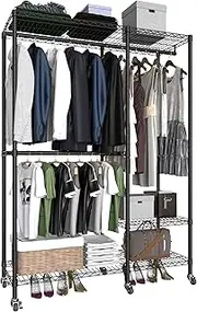 Serxis 3-Tiers Heavy Duty Rolling Garment Rack with 2 inch Sturdy & Lockable Wheels,Wire Metal Clothing Rack,Freestanding Open Wardrobe Organizer Rack,39.5"L x 15.75"W x 75.6"H Max Load 600LBS, Black
