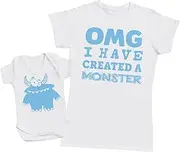 [Zarlivia Clothing] OMG I've Created A Blue Monster! - Matching Mother Baby Gift Set - Womens T Shirt & Baby Bodysuit - White - Large & 3-6 Months