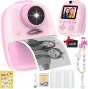 Instant Print Camera,1080P Dual Front and Rear Digital Cameras,Includes 3 Rolls of Photo Paper,32GB Card,Beautiful Pendant,Ages 3+,Pink