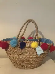 CYNTHIA ROWLEY Handcrafted Straw Beach/Market Bag Pom Poms NWT