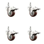 3.5 Inch 316SS Maroon Polyurethane Swivel 3/8 Inch Stem Caster Set Lock Brake