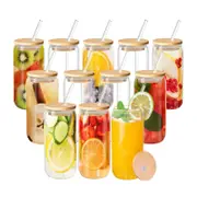 12-Pack Clear Glass Cup Set: Glasses with Bamboo Lids, Straws