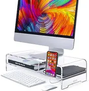 BEYGORM Acrylic Monitor Stand Riser, Wide 20", 2 Tier Computer with Storage, Desk Organizer Desktop Printer Laptop Storage Shelf Screen Holder Phone Holder(Clear)