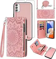 [Asuwish] Phone Case for Samsung Galaxy A14/M14 5G Zipper Wallet Detachable Cell Cover with Tempered Glass Screen Protector Crossbody Strap Flower Flip Card Holder A 14 4G 14A 14M G5 Women Rose Gold