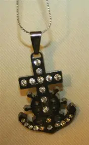 Handsome Dark & Light Silvertone Cross & Anchor Religious Pendant Necklace