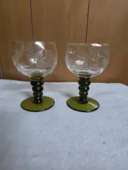 Vintage German Roemer Green Wine Cordial Glass Etched Leaves & Grapevines Set 2