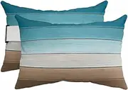 Farmhouse Teal Gray Brown Wood Barn Outdoor Lumbar Pillows Pack of 2,Waterproof Throw Pillow Cushion Cases with Insert Elastic Strap,Rustic Wooden Plank Board Pillow for Beach Chaise Lounge Chair