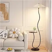Modern Real Marble Based LED Floor Lamp, Floor Lamp with Wood Table, Bedside Reading Lamp, Modern End Table with Floor Lamp for Bedroom Standing Light(Black)