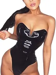 [ksotutm] Leather Sexy Bodysuits Black Tube Top Cinch in Waist Sexy Bodysuits for Women Going Out