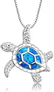 [Victoria Jewelry] [Health and Longevity] Rhodium Plated Silver Created Opal Sea Turtle Pendant Necklace 18", S925 Jewelry for Women