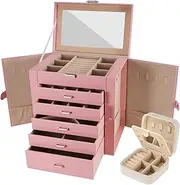 [Lezhifeiwan] Large Jewelry Box,6-Tier PU Leather Jewelry Organizer,Multi-functional Storage Case with Mirror,Accessories Holder with 5 Drawers for Necklace Bracelets Watches，Pink Jewelry Box