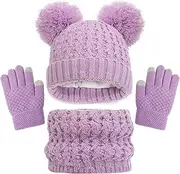 [Baynetin] Children's Winter Hat Scarf Gloves Girls Set Winter Beanie Hat Scarf Gloves Set Warm Beanie Hat Boys Touchscreen Gloves Round Scarf for Children 2-8 Years