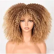 14"/35cm Blonde Curly Wigs 70s Short Curly Afro Wig with Bangs for Black Women Kinky Curly Hair Wig Afro Synthetic Full Wigs