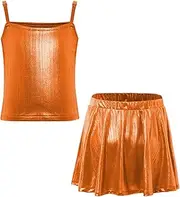 [Aislor] Girls Shiny Jazz Dance Set Metallic Camisole Crop Top with Shimmery Ruffled Skirt 2-14years