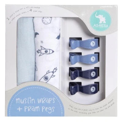 All4Ella Two Muslin Wraps Spaceship & 4 Pram Pegs Blue