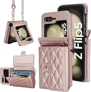 [XIMAND] for Samsung Galaxy Z Flip 5 Accordion Crossbody Wallet Case, 4 Card Slots, RFID Blocking, and Adjustable Strap - Stylish and Versatile Accessory for The Modern, Chic Woman (Rose Gold)