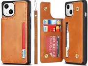 Cavor for iPhone 14 Case,Leather Stand Cover Card Slots Back Case with Buttons Closure & Wristlet Strap Compartment for iPhone 14(6.1")-Light Brown