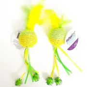 Multipet Mesh Ball Cat Toy Plush Feathers Ribbons Rattle Interactive Fun Bright