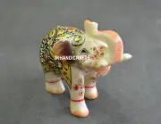 3" White Natural Marble Hand Painted Rajisthani Elephant Sculpture Home Decor