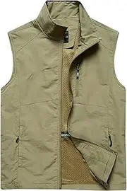 [QtthZZr] Men's Vest Multi-Pocket Mesh Breathable Gilet Outdoor Photography Fishing Vest Stand Collar Sleeveless Jacket