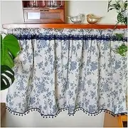 Blue Floral Short Curtain for Kitchen Window, Farmhouse Cotton Linen Curtain Tier, French Country Vintage Cafe Curtain with Pompoms