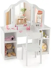 HONEY JOY 2 in 1 Kids Vanity Table & Chair Set, Princess Vanity Table with Removable Tri-fold Mirror, High Back Chair, Open Storage Shelves, Makeup Dressing Table for Girls Aged 3+, White
