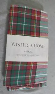 NEW Set of 4 Wisteria Home Red, White & Green Plaid Check Cotton Napkins 18"x18"